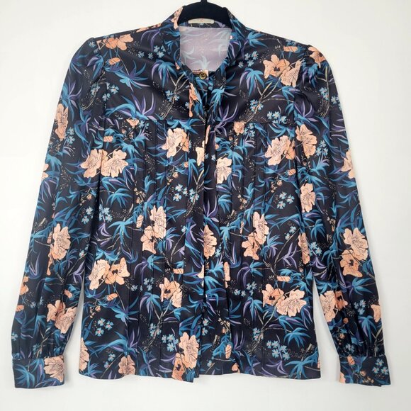 Vintage 70s Botanical Lavallière (Tie-Neck Bow) Blouse Estimated Size Small - Picture 4 of 12